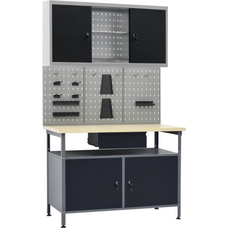 vidaXL Arbeitstisch mit drei Wandpaneelen und einem Schrank