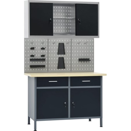 vidaXL Arbeitstisch mit drei Wandpaneelen und einem Schrank