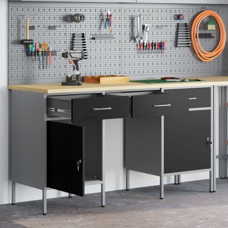 vidaXL 3-teiliges Set: Arbeitsschrank und Tisch, schwarz, aus Verbundholz und Stahl