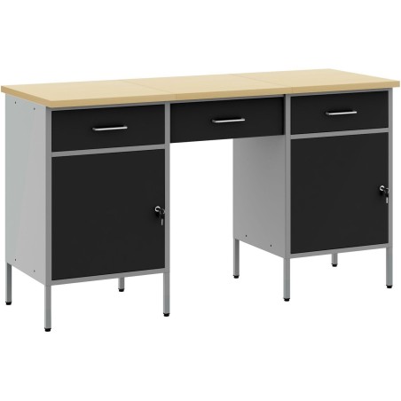 vidaXL 3-teiliges Set: Arbeitsschrank und Tisch, schwarz, aus Verbundholz und Stahl