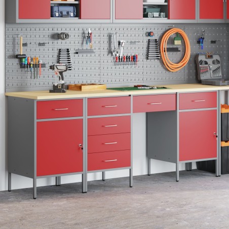 vidaXL 4-teiliges Set aus Arbeitsschränken und Tisch, rot, aus Verbundholz und Stahl