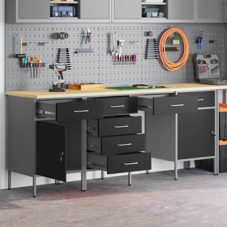 vidaXL 4-teiliges Set aus Arbeitsschränken und Tisch, schwarz, aus Verbundholz und Stahl
