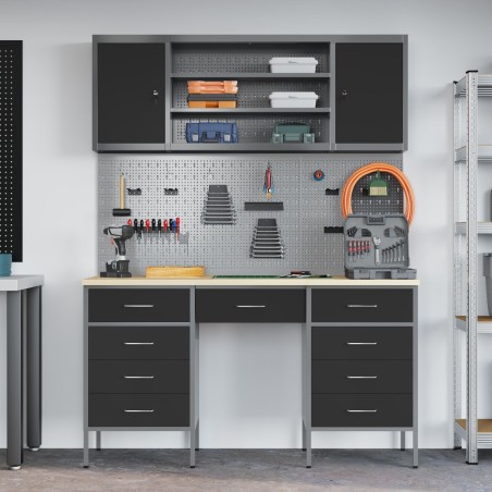 vidaXL Arbeitsset mit Schrank und Lochwand, 7-teilig, schwarzes MDF und Metall
