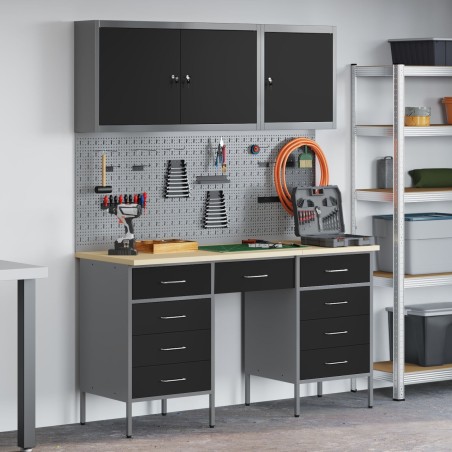 vidaXL Set aus 8 Arbeitsschränken und Lochplatten, schwarz, MDF und Metall