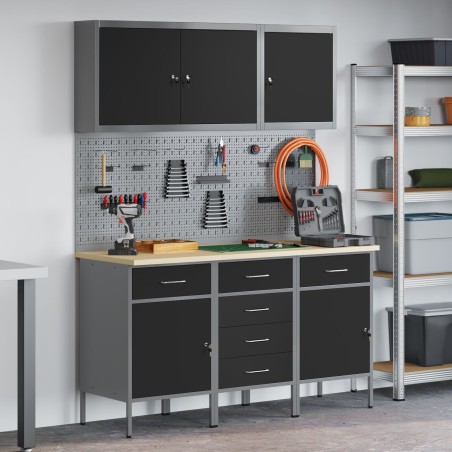 vidaXL Arbeitsschrank-Set mit Werkzeugtafel, 8-teilig, schwarz, MDF und Metall