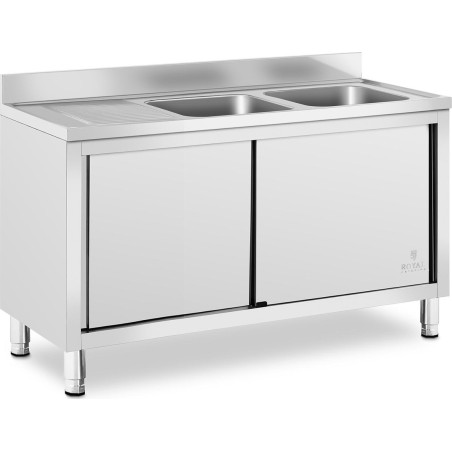 Royal Catering Zweikammer-Gastronomie-Spülbecken mit Schrank mit Schiebetüren 140 x 70 x 95 cm Gastronomie-Spülbecken