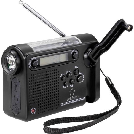 Renkforce RF-CR-200 Baustellenradio – UKW, MW, KW, wiederaufladbar, Solarpanel, Handkurbel, Weckfunktion, Tasche