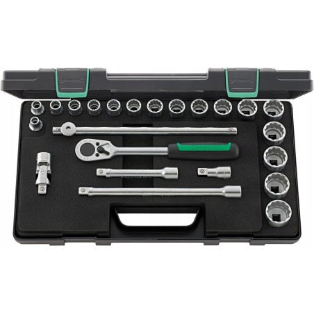 Stahlwille-Werkzeugset 1/2" 23-teilig (17 Zoll-Steckschlüsseleinsätze mit 12-Kant, Ratsche, 3 Verlängerungen, Drehknopf, Gelenk)