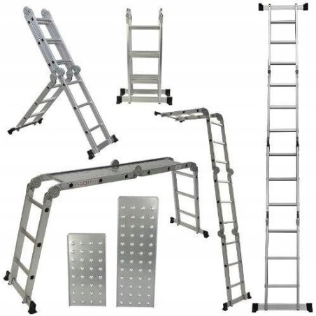 MULTIFUNKTIONALE ALUMINIUM-GELENKLEITER 4x3 + PLATTFORM MIT GROSSEN SCHARNIEREN