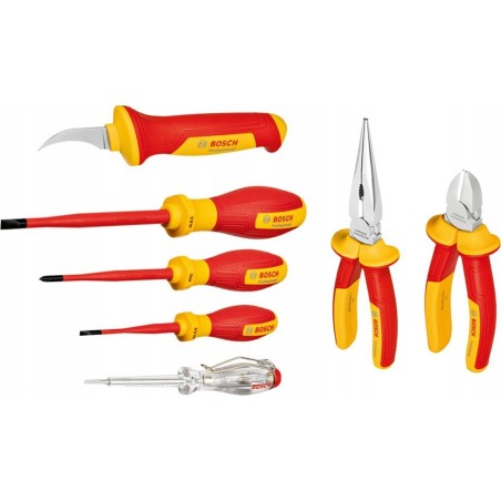 Bosch-Werkzeugset „Bosch VDE“, gemischt, 7-teilig (rot/gelb, Seitenschneider, Spitzzange, 4 Schraubendreher, Abisolierzange)