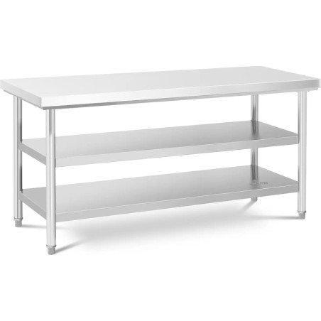 Royal Catering Arbeitsplatte aus Stahl, zentral, 2 Ablagen, 180 x 70 cm, bis 600 kg Arbeitsplatte aus Stahl, zentral, 2 Ablagen, 180