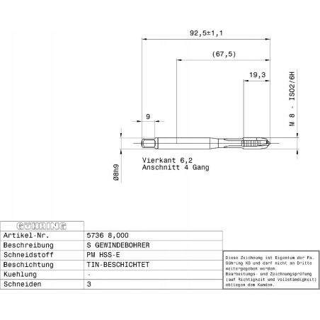 Gewindebohrer HSS-E-PM TiN GUHRING M12x1,75