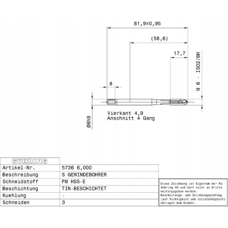Gewindebohrer HSS-E-PM TiN GUHRING M16 x 2,0