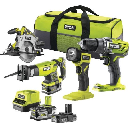 Ryobi-Elektrowerkzeugset RCK184-252S RYOBI SET RCK184A-252S: Bohrschrauber R18DD3 Stichsäge R18JS Kettensäge RWSL1801