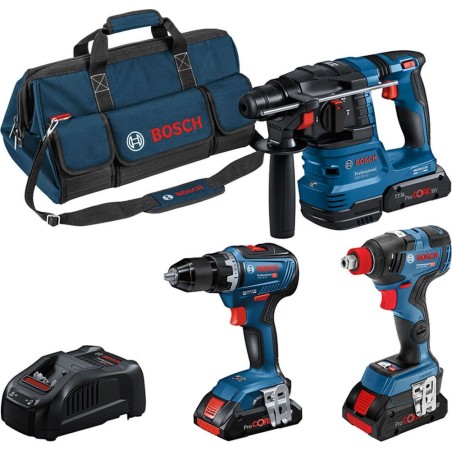 Bosch-Elektrowerkzeugset: Bosch-Kombiset GSR 18V-55 + GDX 18V-200 + GBH 18V-22, Werkzeugset (blau, 3x ProCORE18V-Akku)
